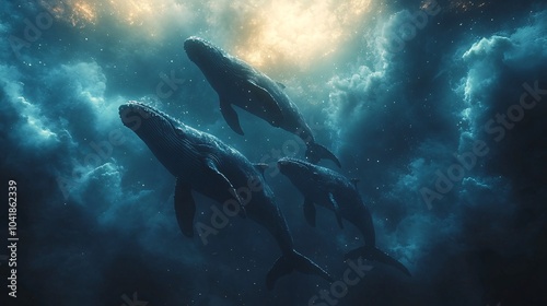 Whales Gliding Through Ethereal Night Sky