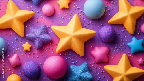 Vibrant stars and colorful spheres create a playful pattern on a bold pink and purple background photo