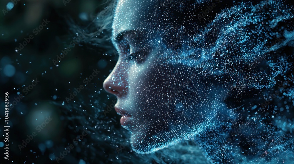 A close-up view of a human face adorned with digital data patterns A close-up view of a human face adorned with digital data patterns