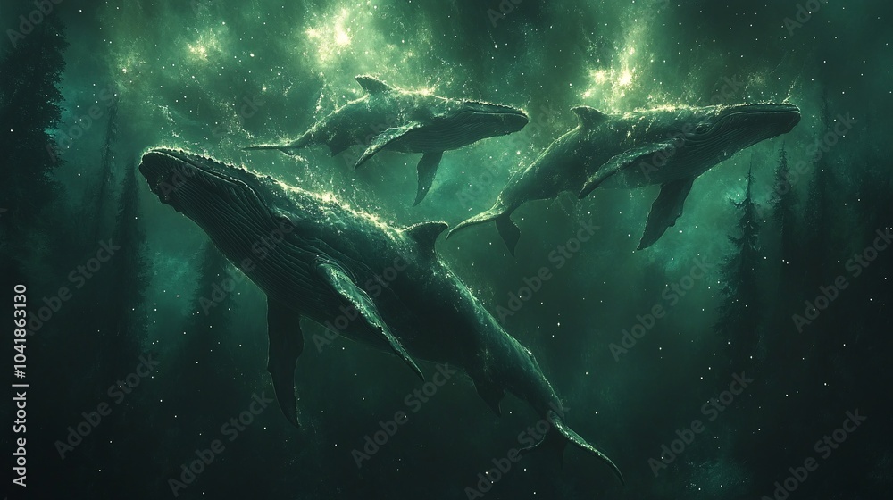 Fototapeta premium Whales Swimming Peacefully in a Starry Night Sky