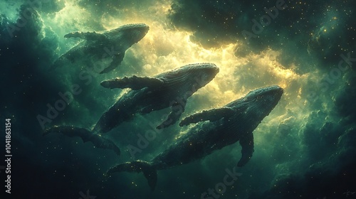 Whales Swimming in the Night Sky