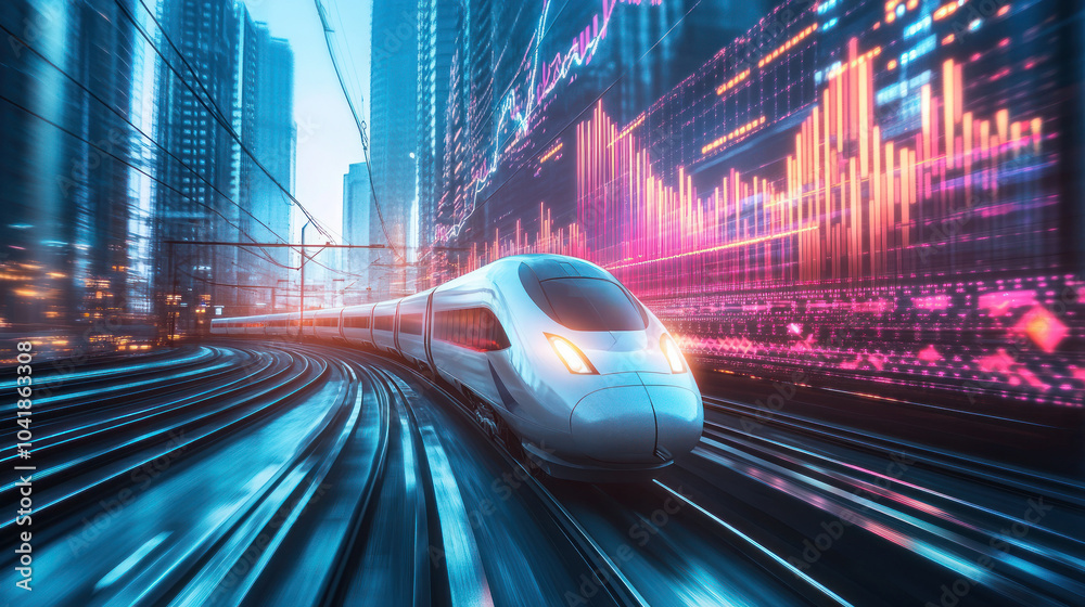 Fototapeta premium Modern train racing through a vibrant urban cityscape