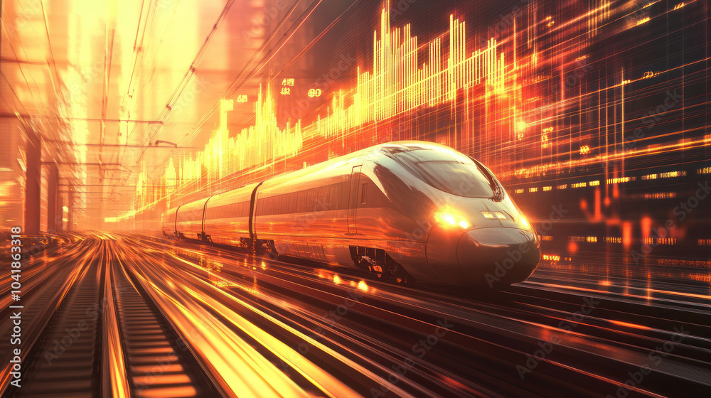 Fototapeta premium Dynamic train speeding amidst glowing digital graphics