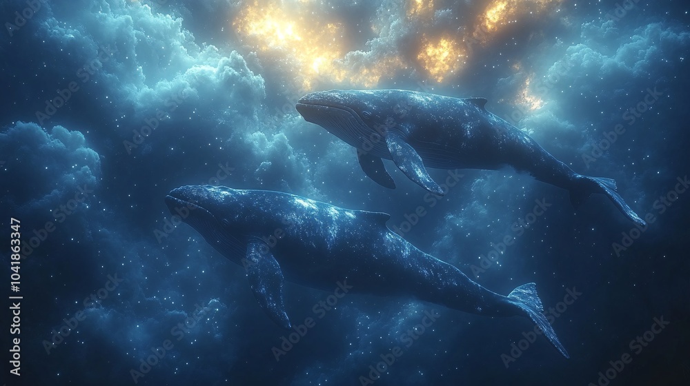 Fototapeta premium Whales Swimming Through a Starlit Sky