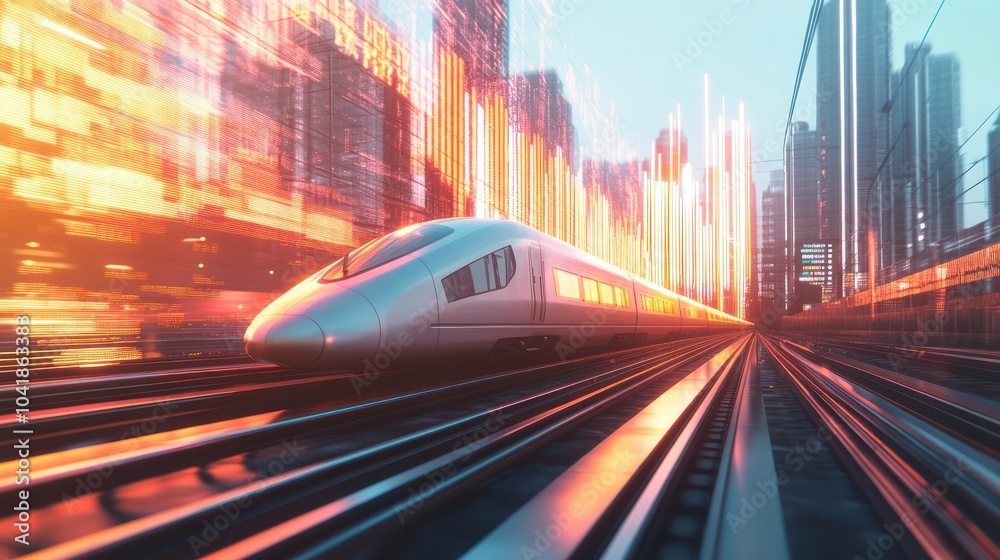 Fototapeta premium Silver train in bustling digital cityscape artwork