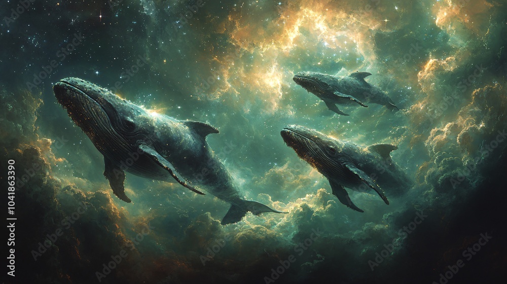 Fototapeta premium Whales Swimming Through a Starry Sky