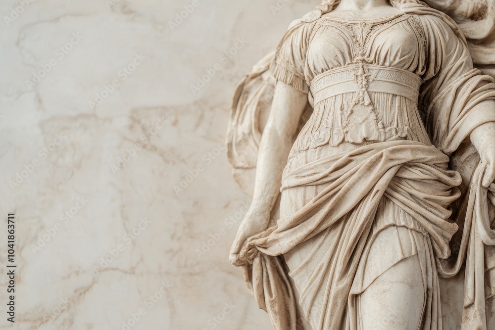 Naklejka premium Intricate marble statue of a female figure holding a graceful pose indoors at an art gallery in natural light