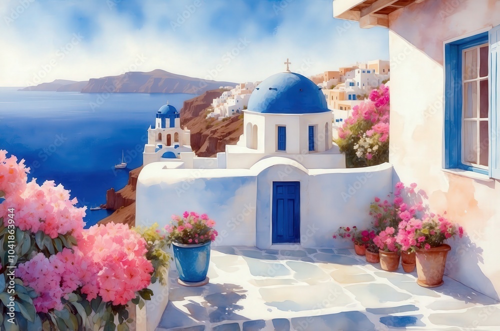 Obraz premium Mediterranean luxury beach hotel landscape painting illustration, travel theme concept texture design. 