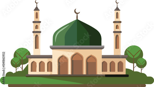 A flat illustration of a mosque featuring a large green dome, two minarets, and surrounding greenery, symbolizing Islamic architecture and worship.
