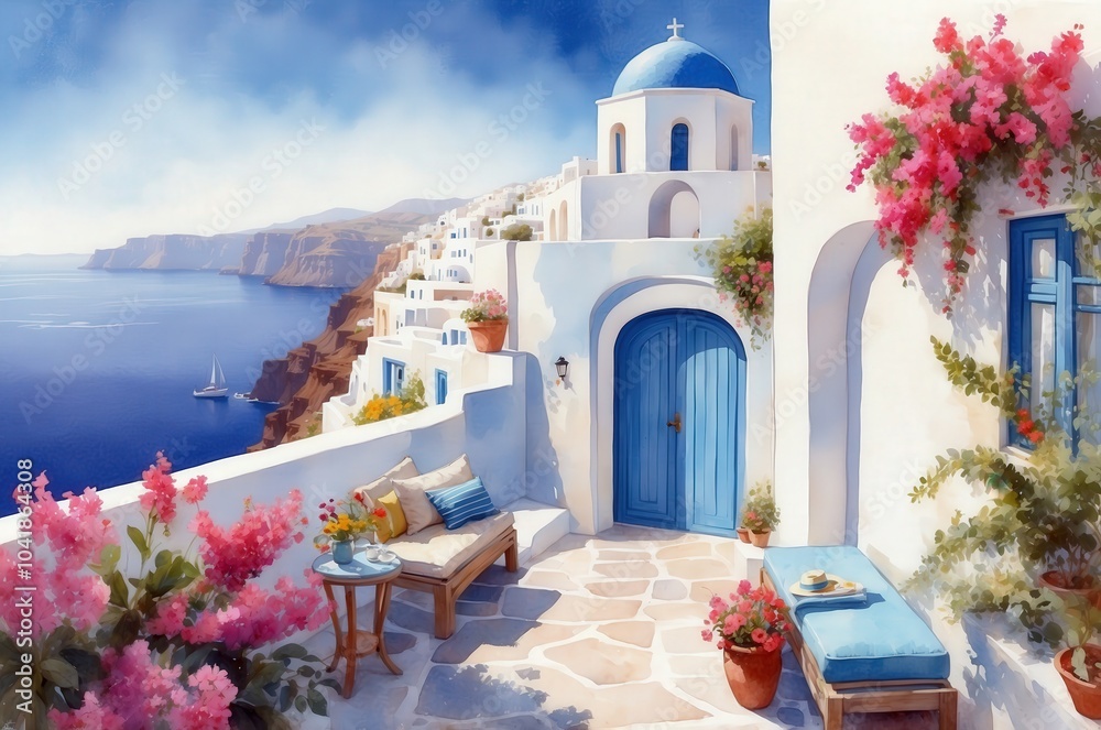 Fototapeta premium Mediterranean luxury beach hotel landscape painting illustration, travel theme concept texture design. 