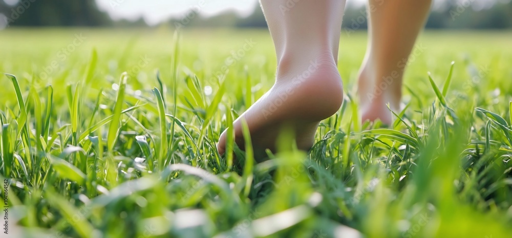 A close-up of bare feet walking on lush green grass in sunlight. A close-up of bare feet walking on lush green grass in sunlight.
