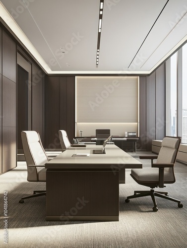 Modern office interior featuring desks and ergonomic chairs in a sleek design.