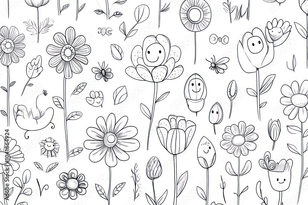 Create a coloring page filled with at least 12 different flower illustrations in a whimsical, cartoonish style. Create a coloring page filled with at least 12 different flower illustrations in a whimsical, cartoonish style.