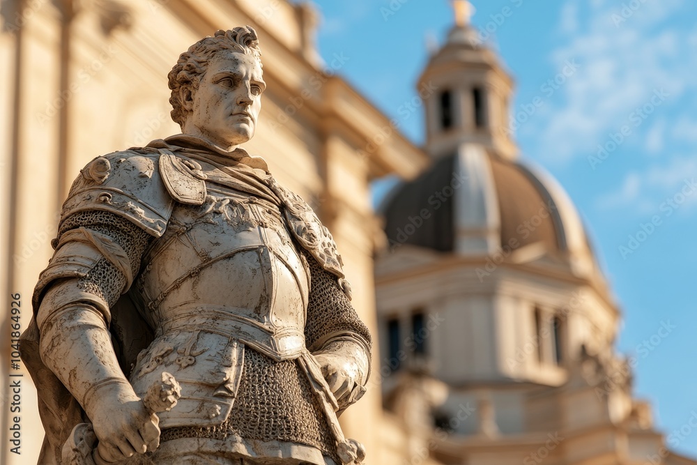 Fototapeta premium A majestic statue of a historical figure stands proudly in a courtyard under a clear sky near an impressive dome