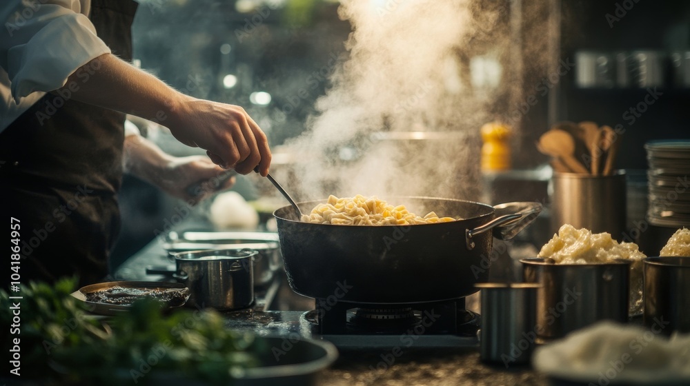 A chef stirring a pot filled with cooked pasta in a busy kitchen A chef stirring a pot filled with cooked pasta in a busy kitchen
