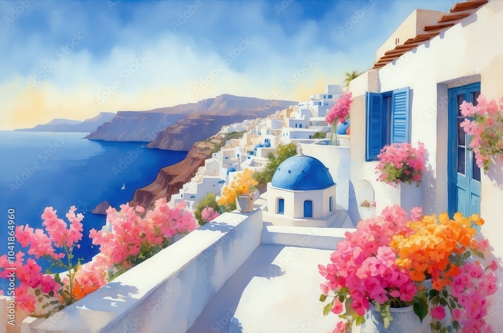 Fototapeta premium Mediterranean luxury beach hotel landscape painting illustration, travel theme concept texture design.