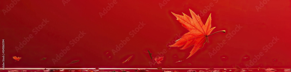 A vibrant red background highlights a falling leaf, capturing its descent in crystal clear detail. A vibrant red background highlights a falling leaf, capturing its descent in crystal clear detail.