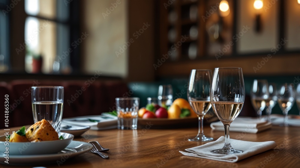 A beautifully set table in a restaurant with wine glasses, napkins, and a plate of food. A beautifully set table in a restaurant with wine glasses, napkins, and a plate of food.