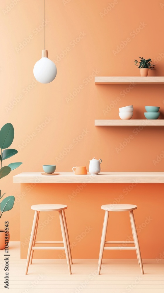 Minimalist Kitchen with Two Stools and Warm Tones