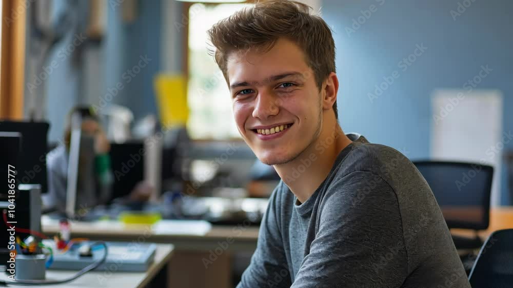 smiling man wearing leisure attire at modern office smiling man wearing leisure attire at modern office