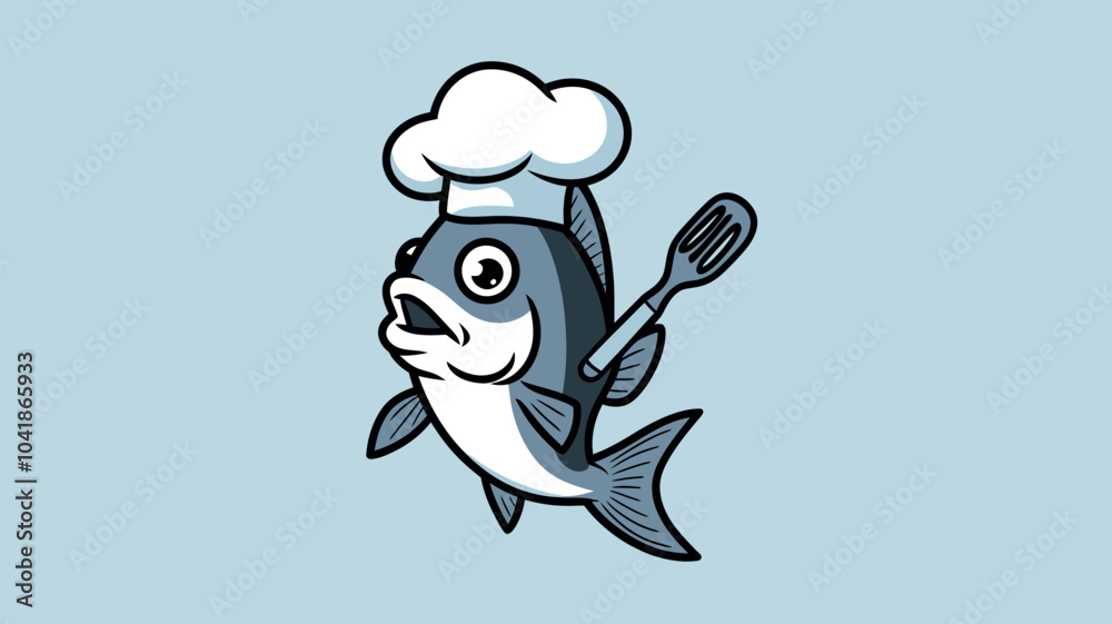 Cartoon Fish Chef with Spatula and Hat Illustration Cartoon Fish Chef with Spatula and Hat Illustration