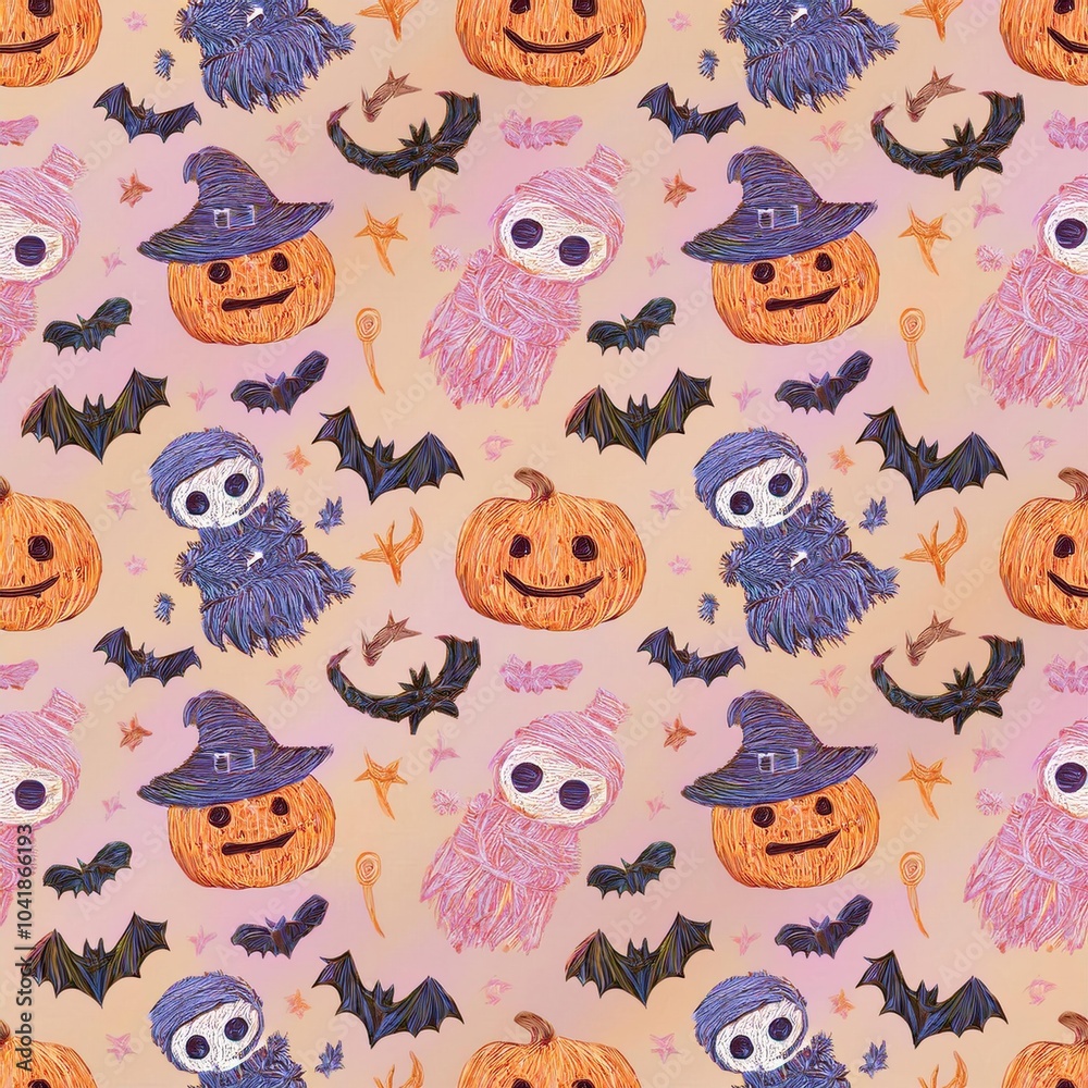 Naklejka premium Cute Halloween-Themed Seamless Pattern with Jack-O’-Lanterns, Skeletons, Bats, and Witches in Bold Lines and Soft Pastel Colors – Anime-Style Kawaii Illustration