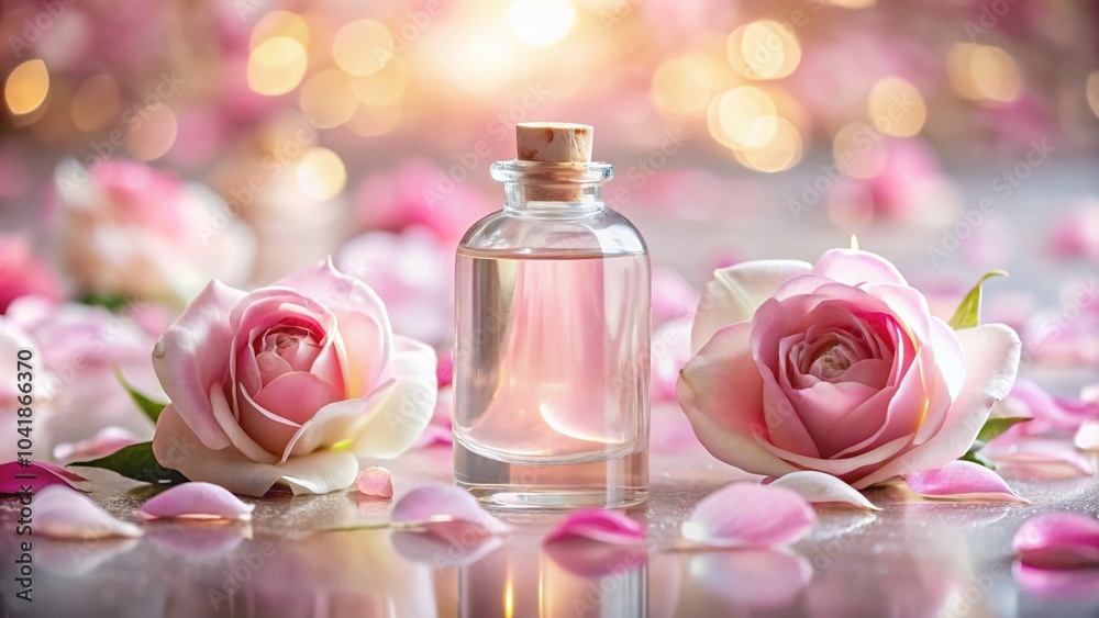 Facial Rose Water Toner Bottle with Essential Oil and Rose Petals - Beauty Concept Photography Facial Rose Water Toner Bottle with Essential Oil and Rose Petals - Beauty Concept Photography