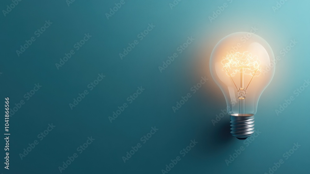 Light bulb with glowing brain and blue background art Light bulb with glowing brain and blue background art
