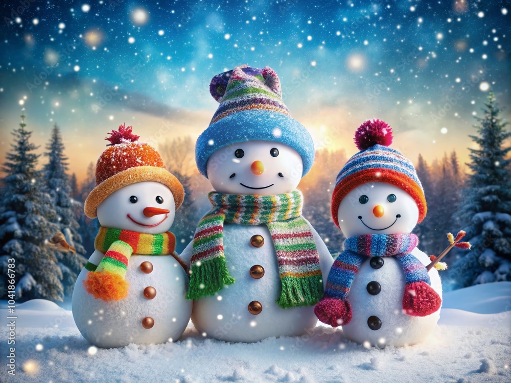Family of Snowmen in Scarves and Hats - Winter Fun in January