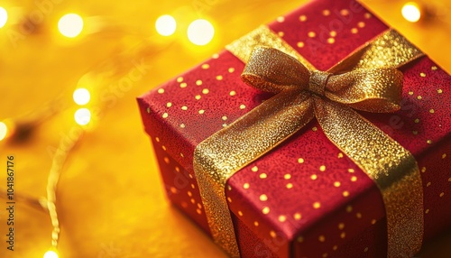 A beautifully wrapped red gift box adorned with a golden bow, set against a warm, glowing background of fairy lights.