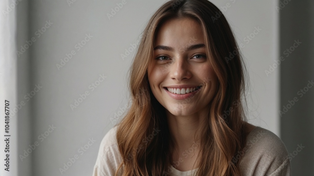 Smiling young woman with natural expression in soft light