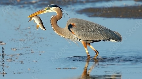 A heron wading in shallow waters with a fish in its beak, its reflection visible in the still water. --chaos