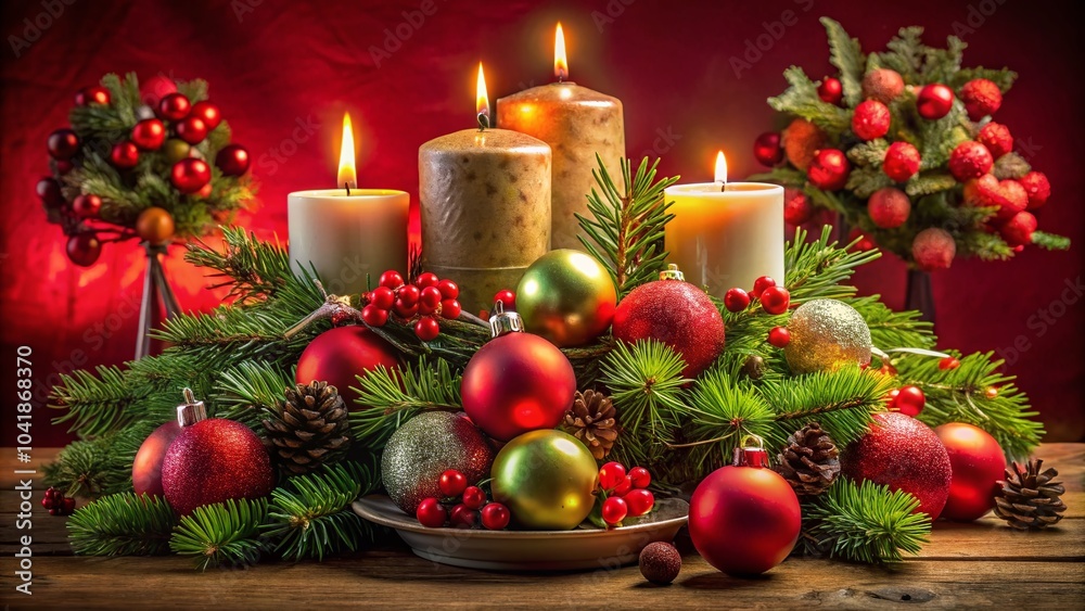 Festive Christmas Arrangement with Candles and Greenery on Red Background for Holiday Celebrations Festive Christmas Arrangement with Candles and Greenery on Red Background for Holiday Celebrations