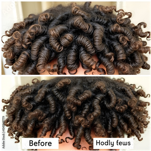 Natural hair care transformation featuring curly hair treated with honey, showing dry, lackluster curls before, and moisturized, bouncy curls post-treatment photo