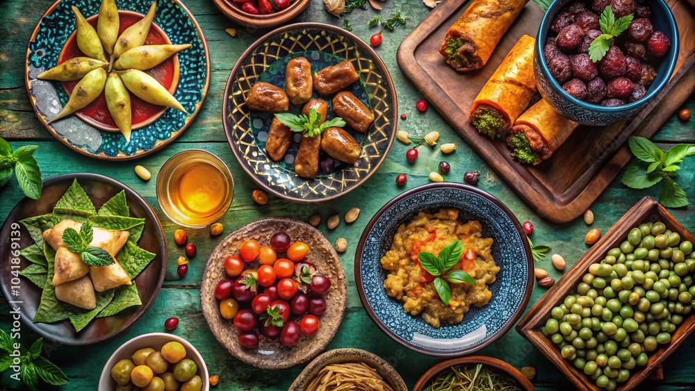 Festive Flat Lay of Iftar Table with Traditional Arab Dishes for Ramadan Kareem Celebration Festive Flat Lay of Iftar Table with Traditional Arab Dishes for Ramadan Kareem Celebration