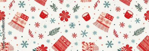 Winter-themed banner with festive elements such as red mugs, scarves, snowflakes, and evergreen branches