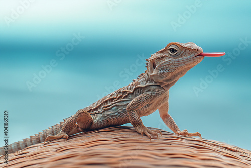 there is a cute lizard with its tongue out on top of a beach umbrealla with side view realistic photo photo