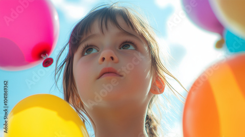 A young girl with wide eyes, looking at the sky in awe, colorful balloons in hand, bright sunny day, outdoor shot, capturing a sense of wonder and amazement
