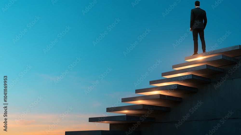 A silhouette of a person standing at the top of illuminated stairs against a vibrant sunset sky, symbolizing achievement and inspiration. A silhouette of a person standing at the top of illuminated stairs against a vibrant sunset sky, symbolizing achievement and inspiration.