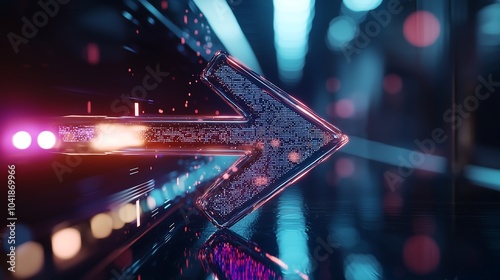 A neon arrow pointing forward, illuminated with vibrant colors, creating a futuristic and dynamic atmosphere.