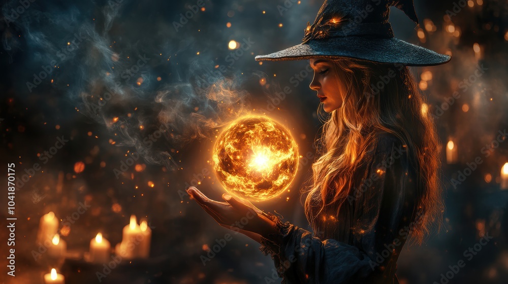 Fototapeta premium A witch is conducting magic with spell.