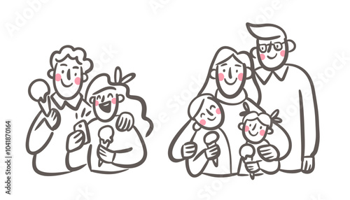 Cute portraits of happy people with ice cream. Family with children and young couple. Hand-drawn illustration. Vector doodle.