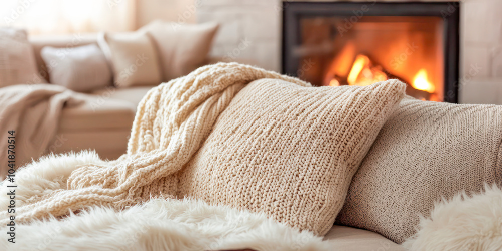 Cozy handmade knitted pillows and blankets on a couch with a warm fireplace in the background. Cozy handmade knitted pillows and blankets on a couch with a warm fireplace in the background.