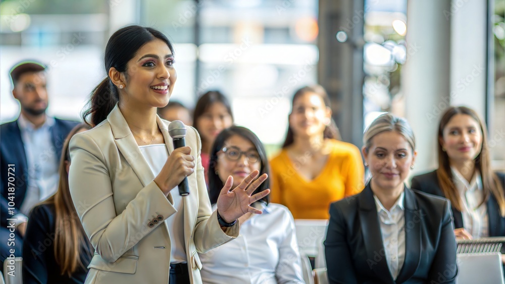 Indian Businesswoman Engaging Audience at Seminar
Indian Businesswoman Engaging Audience at Seminar