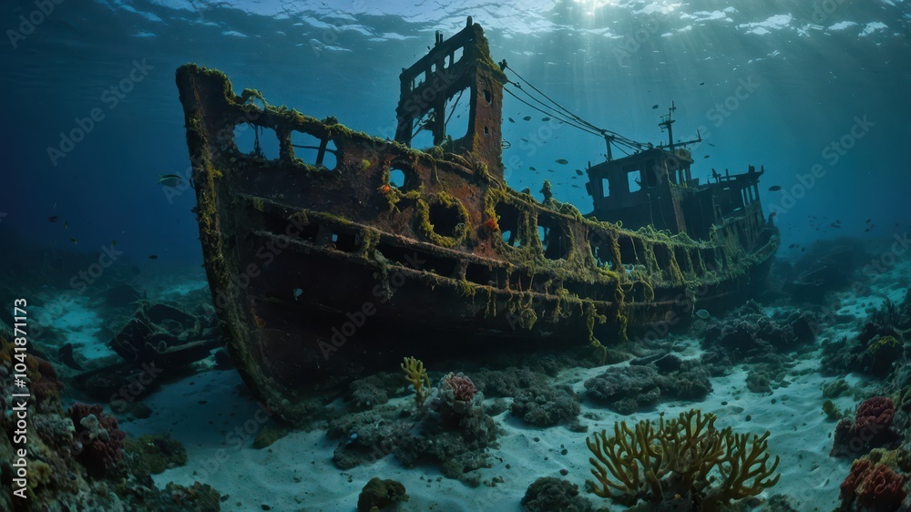 a shipwreck that lies broken and motionless on the ocean floor a shipwreck that lies broken and motionless on the ocean floor