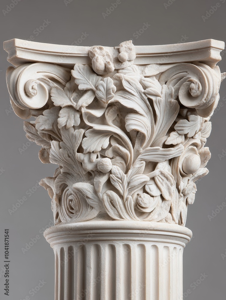 Intricately carved Corinthian column capital showcasing detailed floral and leaf patterns from ancient architecture Intricately carved Corinthian column capital showcasing detailed floral and leaf patterns from ancient architecture