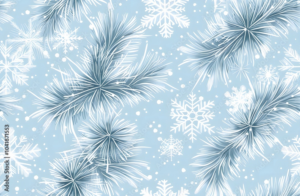 Light Blue Background with White Christmas Pine Branches and Snowflakes Seamless Pattern. Generative AI. Light Blue Background with White Christmas Pine Branches and Snowflakes Seamless Pattern. Generative AI.