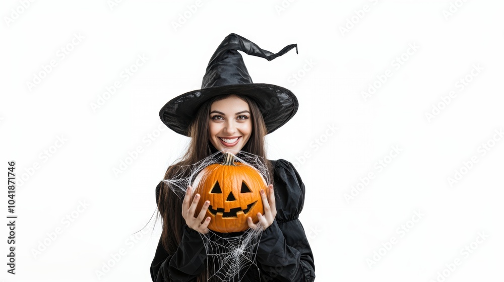 Isolated image of a female in witch costume holding a pumpkin Isolated image of a female in witch costume holding a pumpkin
