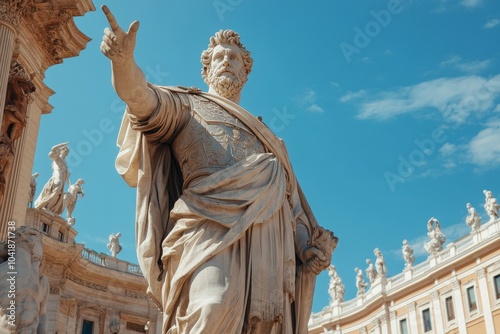 Grand statue of a historical figure gestures towards the sky in St. Peter's Square, Vatican City under a bright blue sky photo