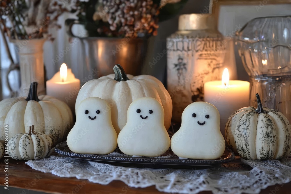 Cozy Halloween scene with white pumpkins, candles, and ghost-shaped cookies on the table. Warm and inviting festive atmosphere. Cozy Halloween scene with white pumpkins, candles, and ghost-shaped cookies on the table. Warm and inviting festive atmosphere.